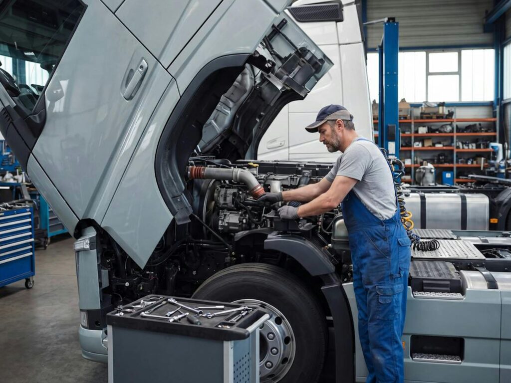 Mechanic repairing a truck engine in the Countryside Services shop in Guelph